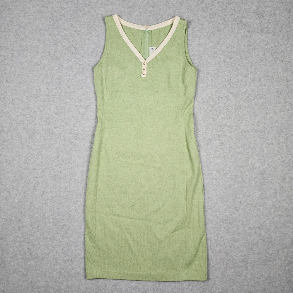 St. John Collection (Women's 4) Green Knit Sheath Dress V-Neck Button Sleeveless